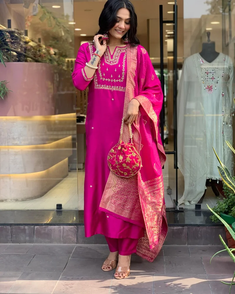 GoSriKi Pink GoSriKi Women's Silk Blend Straight Embroidered Kurta with Pant & Dupatta (Kosapet Pink-GS_M_Pink_Medium) for Women | Best Price UAE